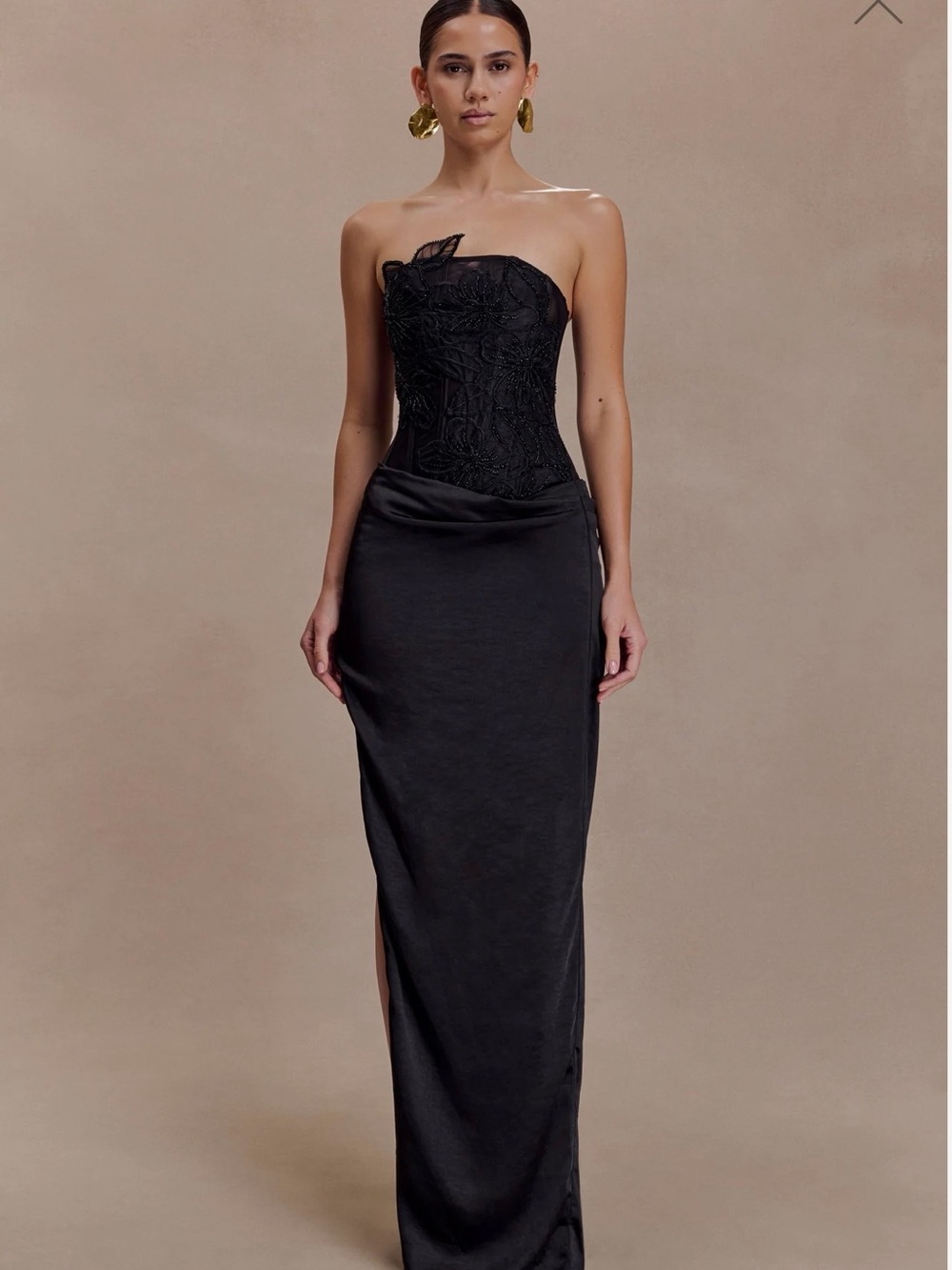 Meshki Black Floral Mesh and Satin Maxi Dress